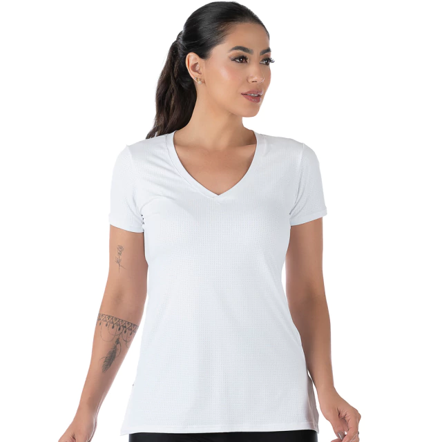 Blusa Manga Curta Fitness Newtrip Decote V Com Fenda Branca