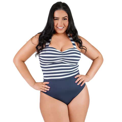 Maiô Plus Size Feminino Listrado com Amarração no Pescoço - comprar online