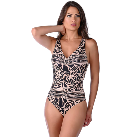 Maiô Frente Única Franzido Com Bojo Estampado Preto - comprar online