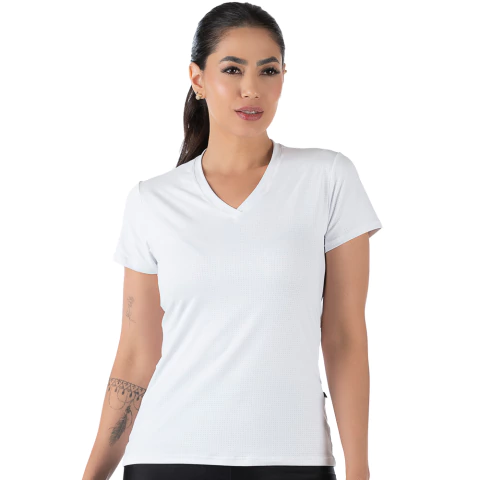 Blusa Fitness Manga Curta Decote V Branca em Tecido NewTrip