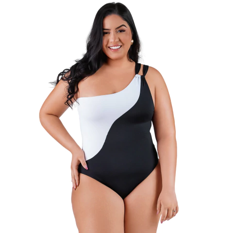 Maiô Plus Size Preto e Branco de Um Ombro Só - comprar online