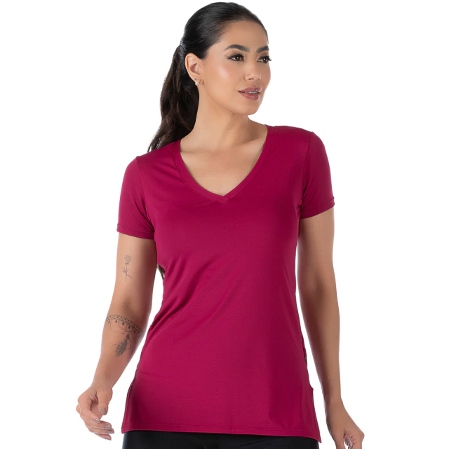 Blusa Fitness Manga Curta NewTrip Decote V com Fenda Rosa