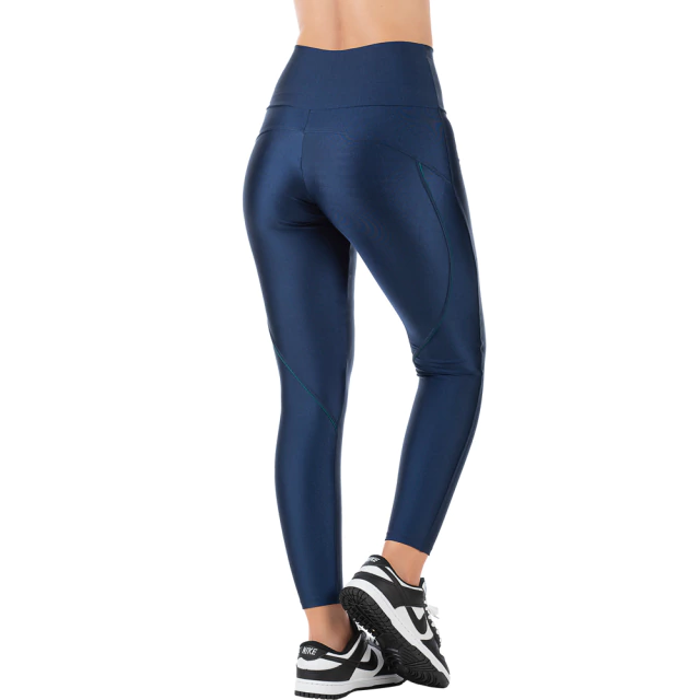 Calça Legging Fitness em Cirrê Azul Cós Alto com Friso para Treinos