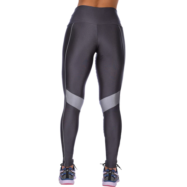 Calça Legging Fitness Cirrê Cós Alto Com Friso e Recorte Cinza - comprar online