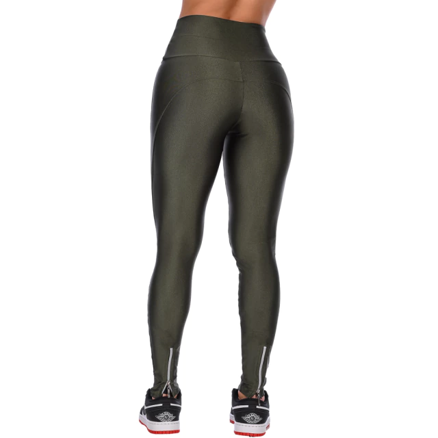 Calça Legging Fitness Cirrê Cós Alto Detalhe Zíper Verde Militar - comprar online