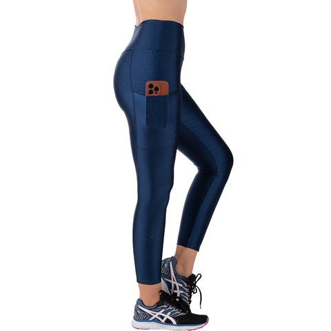 Calça Legging Fitness Azul Cirrê Cós Alto com Bolso para Treinos Confortáveis