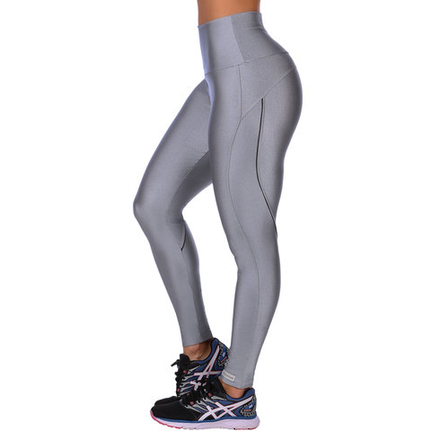 Calça Legging Fitness Cirrê Cós Alto Com Friso Prata - comprar online