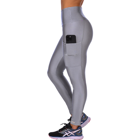 Calça Legging Fitness Cirrê Cós Alto Com Bolso Prata - comprar online