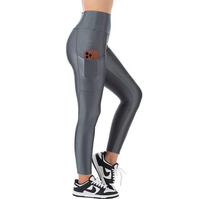 Calça Legging Fitness Cinza Cirrê Cós Alto com Bolso para Treinos Confortáveis