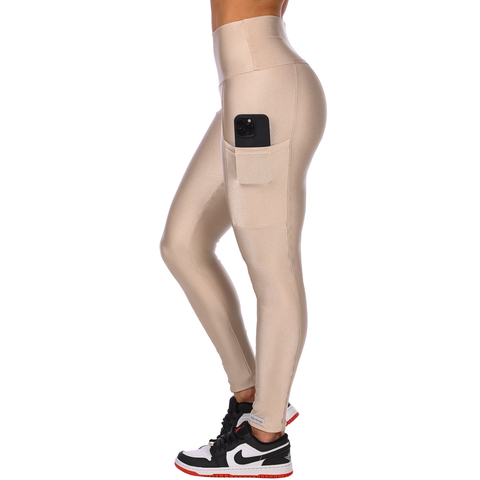 Calça Legging Fitness Cirrê Cós Alto Com Bolso Bege - comprar online