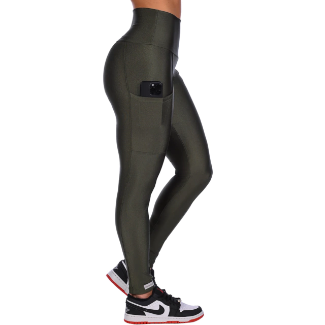 Calça Legging Fitness Cirrê Cós Alto Com Bolso Verde - comprar online