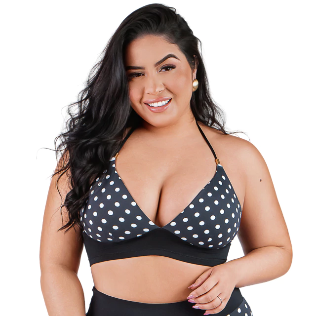 Top Biquíni Cropped Frente Única Com Bojo Plus Size Poá Preto Summer Soul - comprar online