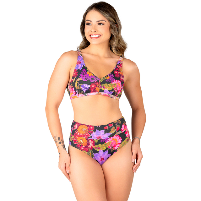 Biquíni Regata Sem Bojo Hot Pants Floral Preto