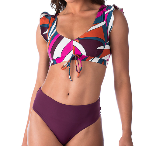 Top Biquíni Cropped Sem Bojo Com Babado Abstrato Roxo - Summer Soul