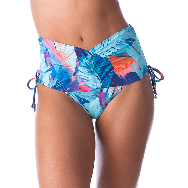 Calcinha de Biquíni Hot Pants Cós Franzido Com Amarração Folhagem Azul - comprar online