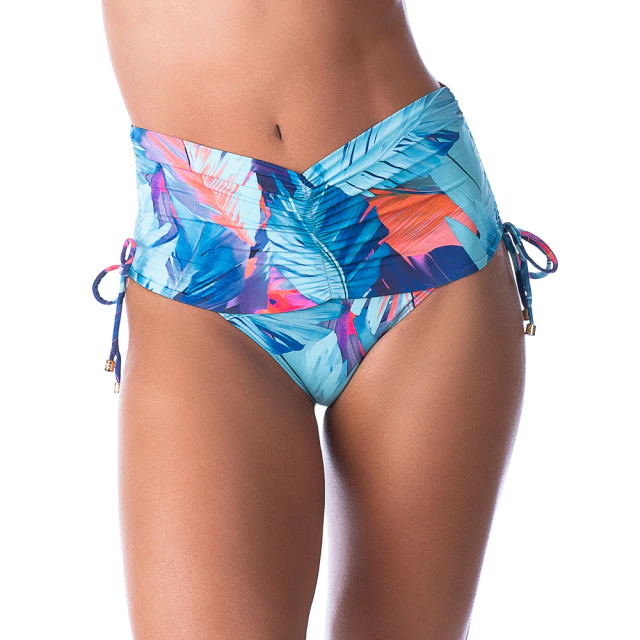 Calcinha de Biquíni Hot Pants Cós Franzido Com Amarração Folhagem Azul - comprar online