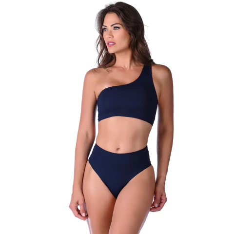 Top Biquíni Cropped Feminino Azul Escuro Um Ombro Só Sem Bojo - loja online