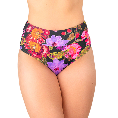 Calcinha de Biquíni Hot Pants Cós Duplo Floral Preto