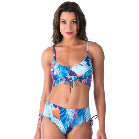 Biquíni Cropped Com Bojo Removível Cintura Baixa Folhagem Azul