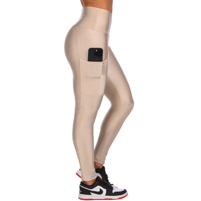 Calça Legging Fitness Cirrê Cós Alto Com Bolso Bege - comprar online