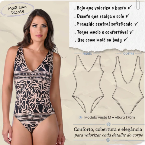 Maiô de Praia Com Bojo e Decote Estampado Preto