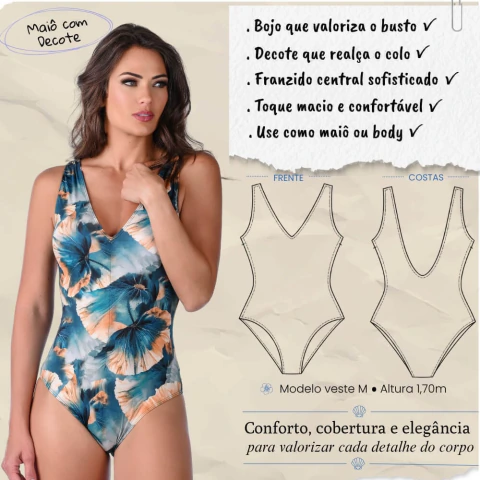 Maiô de Praia Com Bojo e Decote Floral Azul
