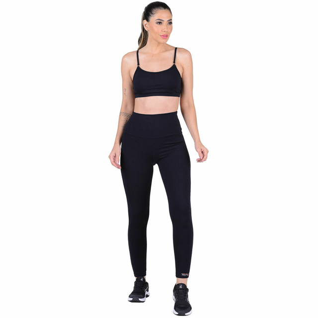 Conjunto Fitness Suplex Top Com Bojo Removível e Calça Cós Alto Preto