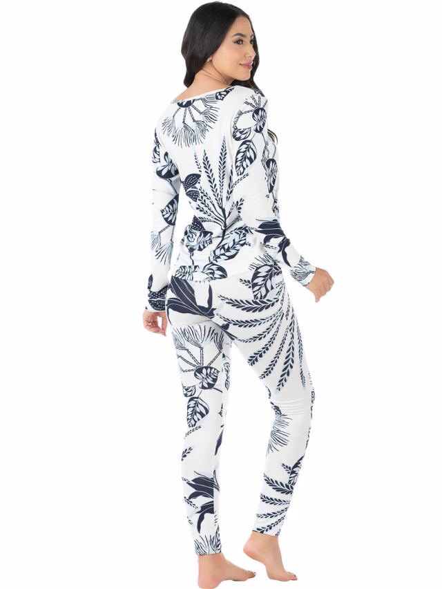 Pijama Feminino Longo Estampado Branco
