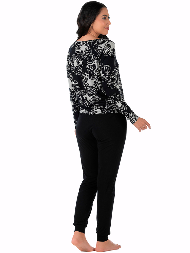 Pijama Feminino Longo Estampado Preto
