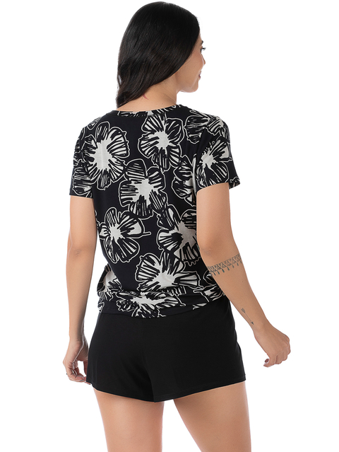 Short Doll Feminino Manga Curta Estampado Preto - comprar online