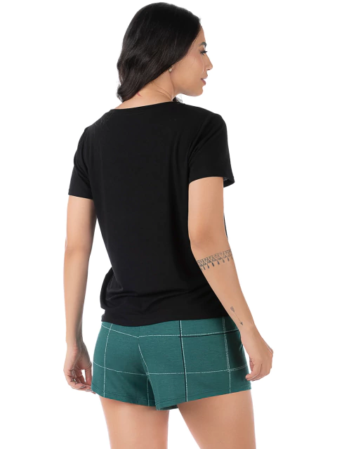 Short Doll Feminino Manga Curta Estampado Xadrez Verde - comprar online