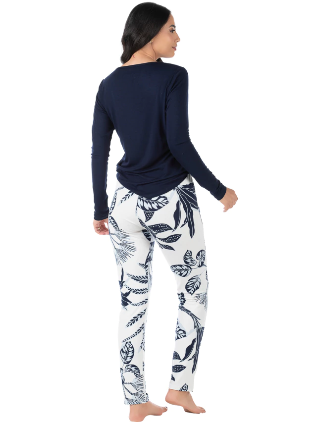 Pijama Feminino Longo Estampado Branco