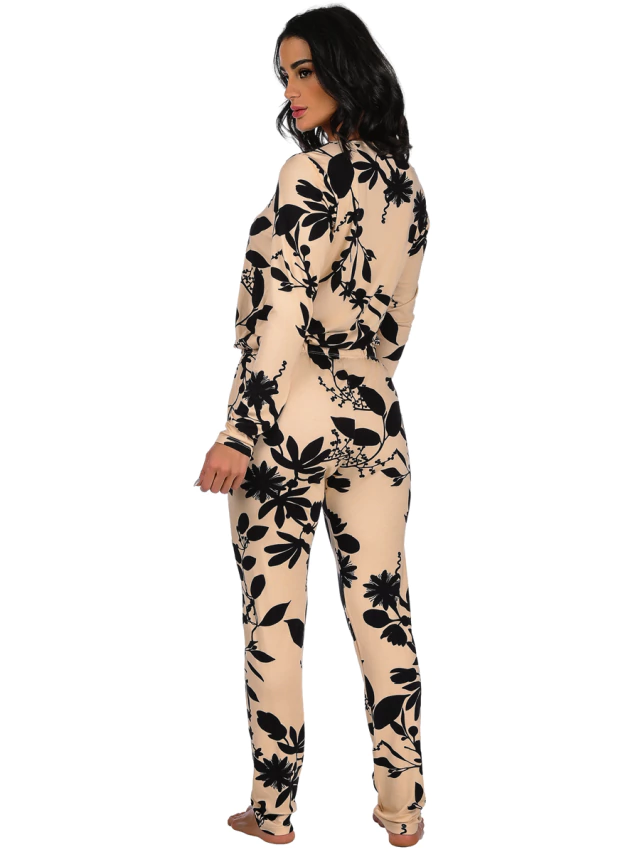 Pijama Feminino Longo Floral Bege - comprar online