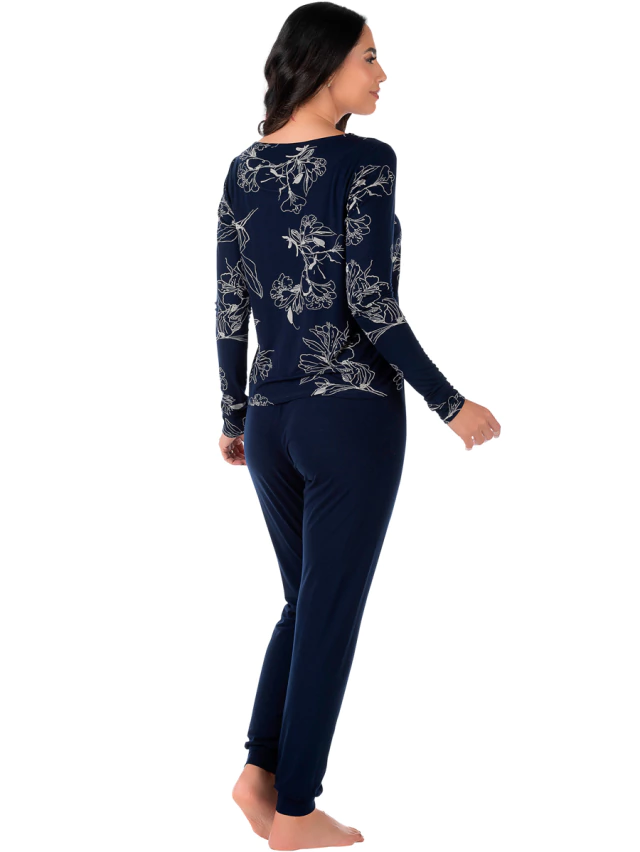 Pijama Feminino Longo Estampado Azul