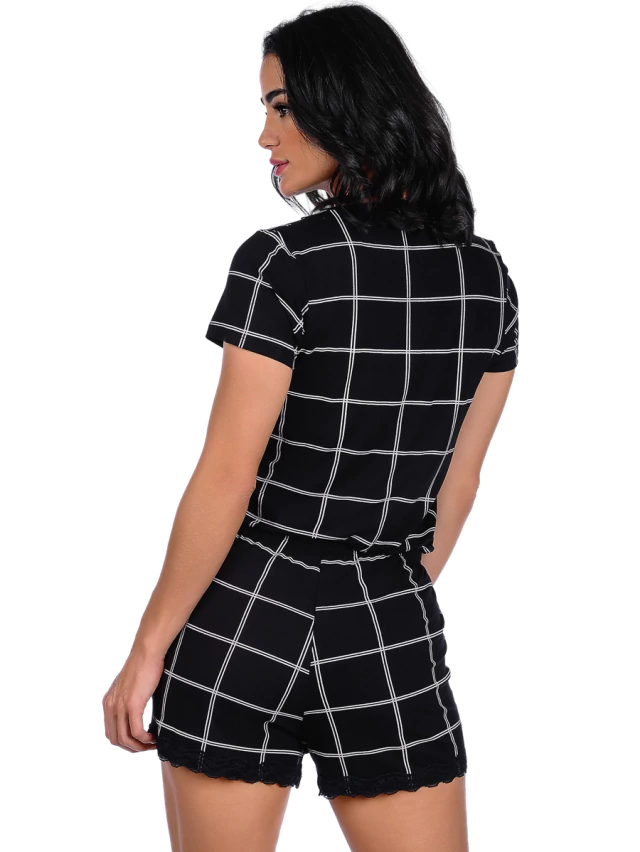 Short Doll Feminino Manga Curta Estampado Xadrez Preto - comprar online