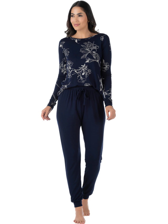 Pijama Feminino Longo Estampado Azul