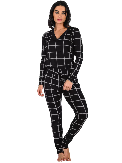 Pijama Feminino Longo Estampado Xadrez Preto - comprar online