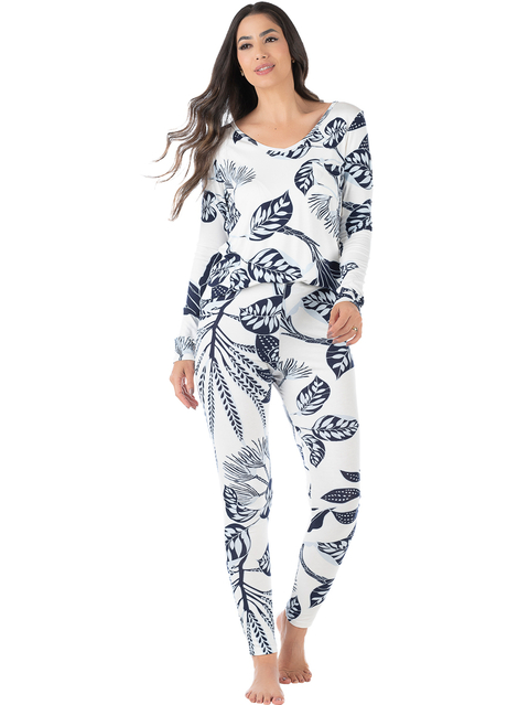 Pijama Feminino Longo Estampado Branco