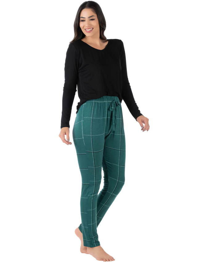 Pijama Feminino Longo Estampado Xadrez Verde