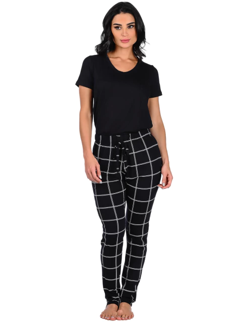 Pijama Feminino Manga Curta Estampado Xadrez Preto - comprar online