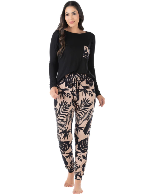 Pijama Feminino Longo Com Bolso Estampado Marrom