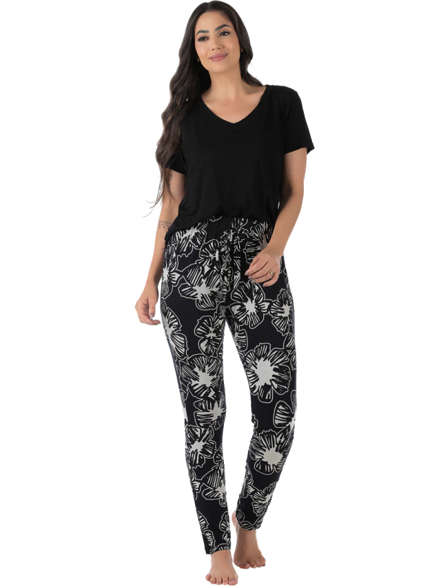Pijama Feminino Manga Curta Estampado Preto
