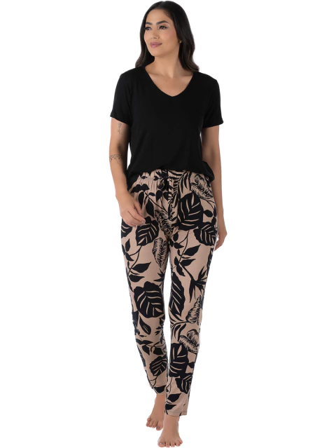 Pijama Feminino Manga Curta Estampado Marrom