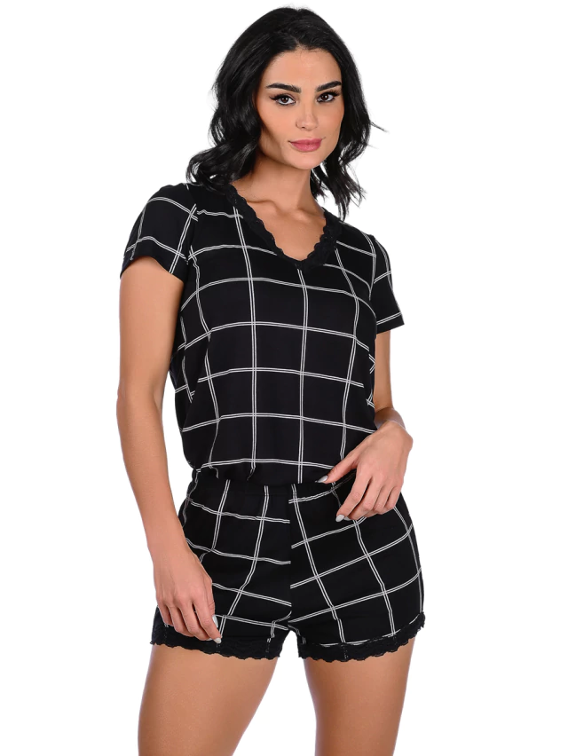 Short Doll Feminino Manga Curta Estampado Xadrez Preto - comprar online