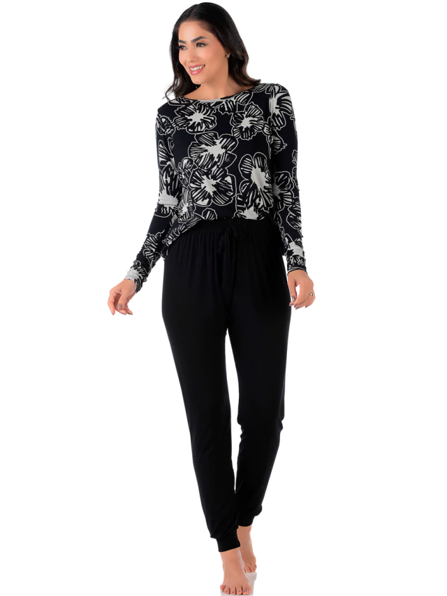 Pijama Feminino Longo Estampado Preto
