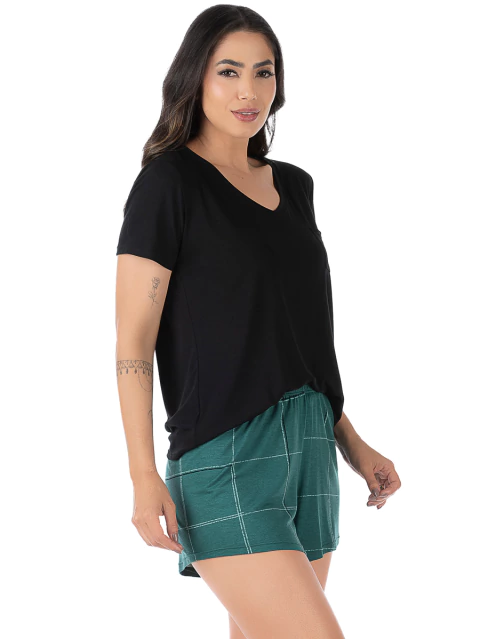 Short Doll Feminino Manga Curta Estampado Xadrez Verde na internet