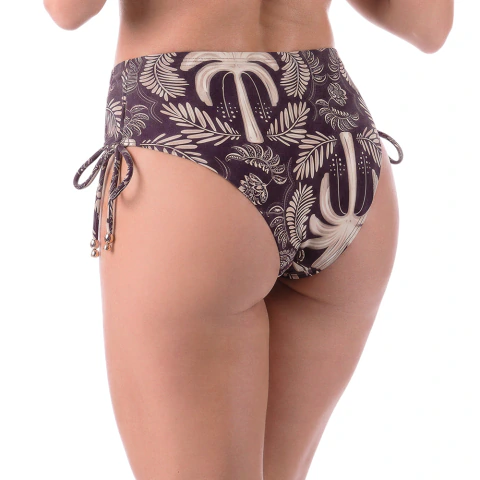 Calcinha de Biquíni Estampado Coqueiro Marrom Baixa Elástico Rebatido Com Amarração