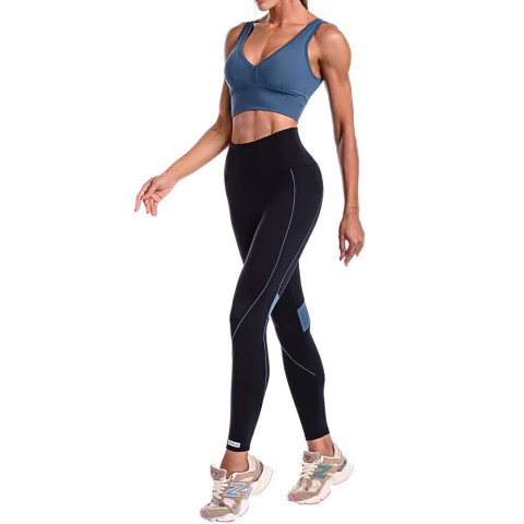 Conjunto Fitness Suplex Top Cós Largo e Calça Com Recorte - Azul e Preto na internet