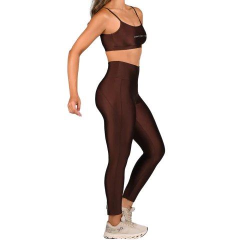 Conjunto Fitness Cirrê Top Com Bojo Removível e Calça Cós Alto Marrom na internet