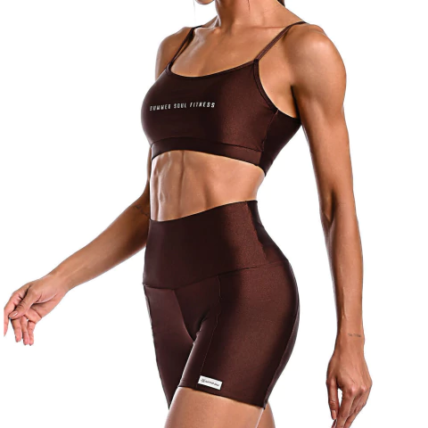 Conjunto Fitness Cirrê Short Com Bolso e Top Marrom na internet